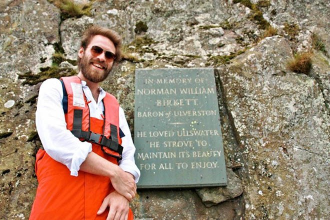 Tom Birkett at the Birkett plaque on Kailpot Crag ©  Pauline Thompson
